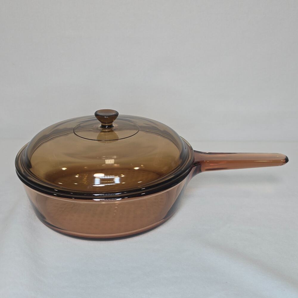 Pyrex Vision Corning Ware 10” Skillet Roaster Chicken Fryer w/ Lid, Amber Glass